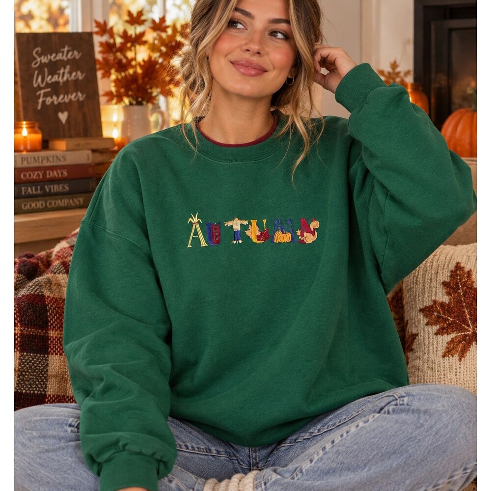 Vintage 90s Womens Boho Embroidered Sweatshirt Size L Autumn Fall Novelty